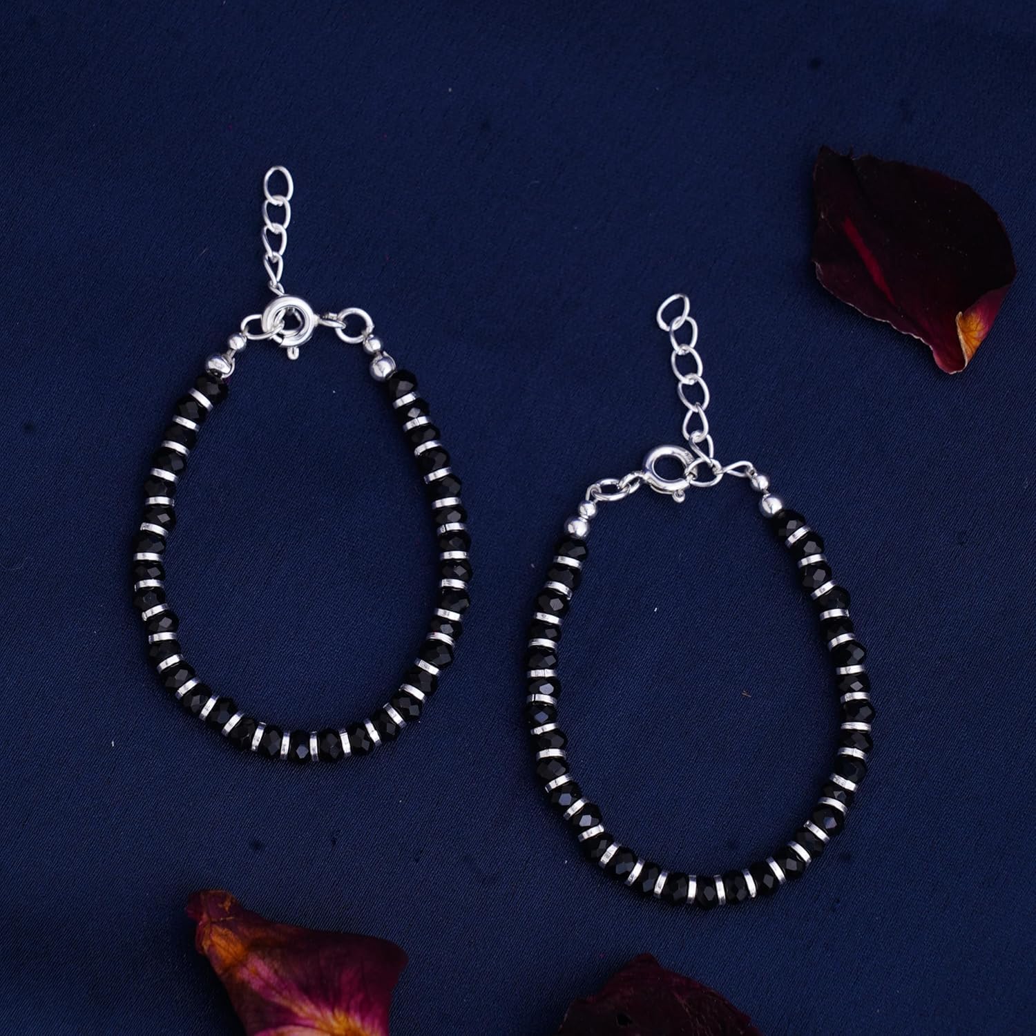 NEMICHAND JEWELS 925 Sterling Pure Silver(Chandi) Black Bead Crystal Nazariya Bangle/Bracelet For Kids - One Pair For Children - Image 3