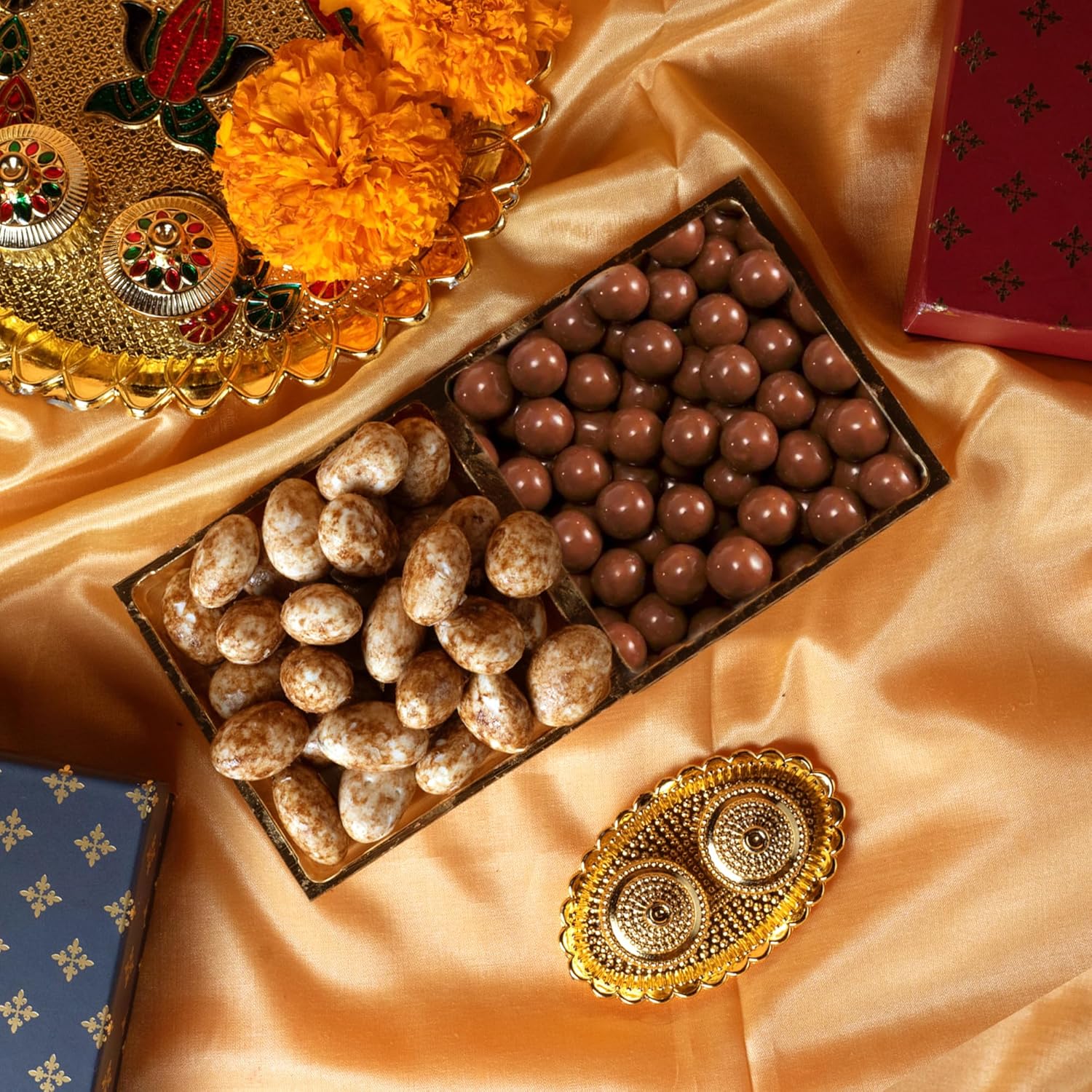 Oriole Gifts Rakhi Hamper for Brother with Premium Evil Eye Rakhi, Chocolate Bites, Almond Brittles, Coffee Almond Nutties, Paan Shots, Snacks & Greeting Card | Rakshabandhan Gift for Brother with Chocolate Gift Box - Image 7