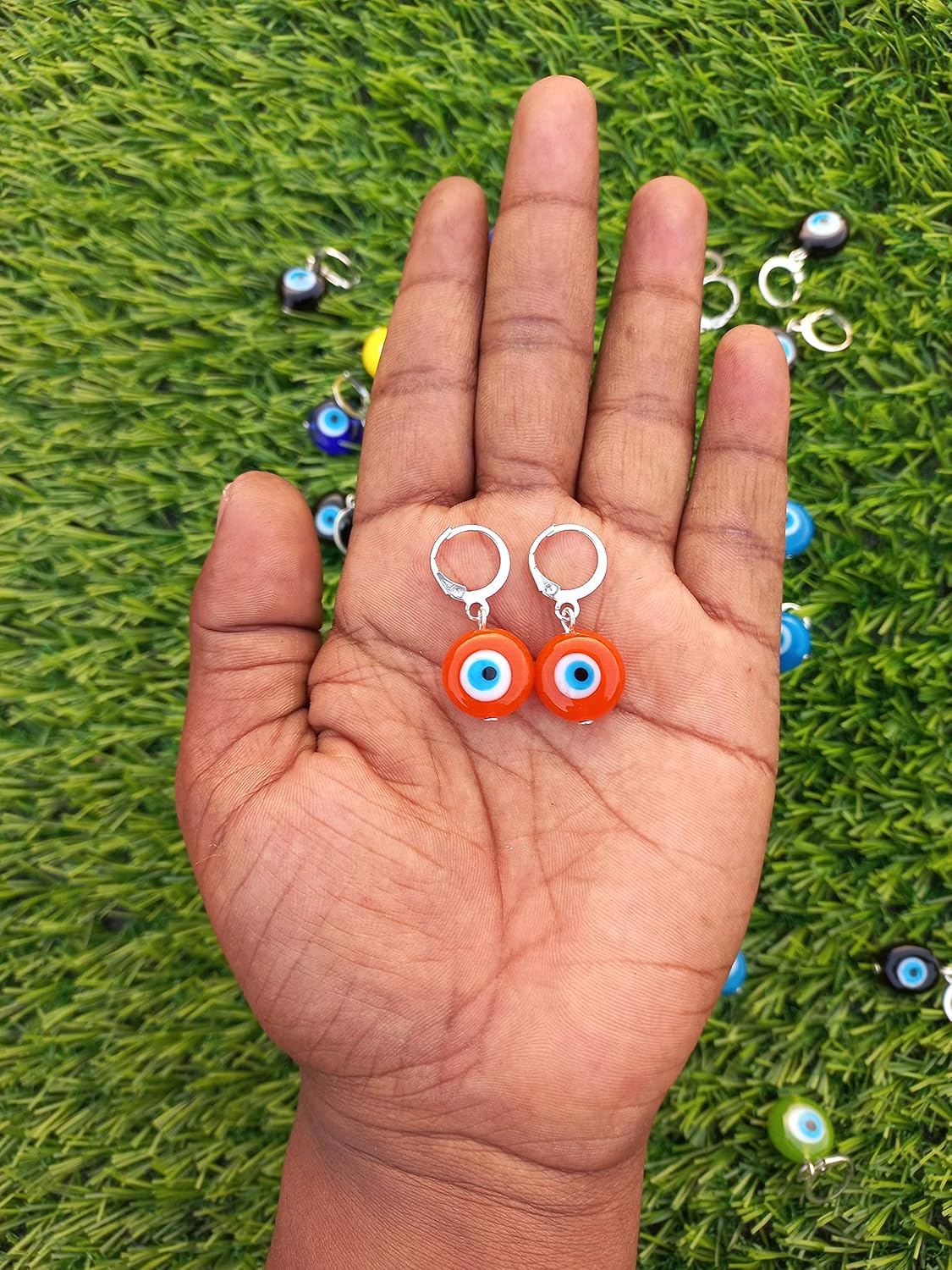 Evil eye Earrings, dangle, protection, Turkish eye, nazar boncuk, statement earrings, drop earrings, Eye earrings, Turkish eye jewelry, Handmade earrings, heart evil eye earrings (Orange) - Image 4