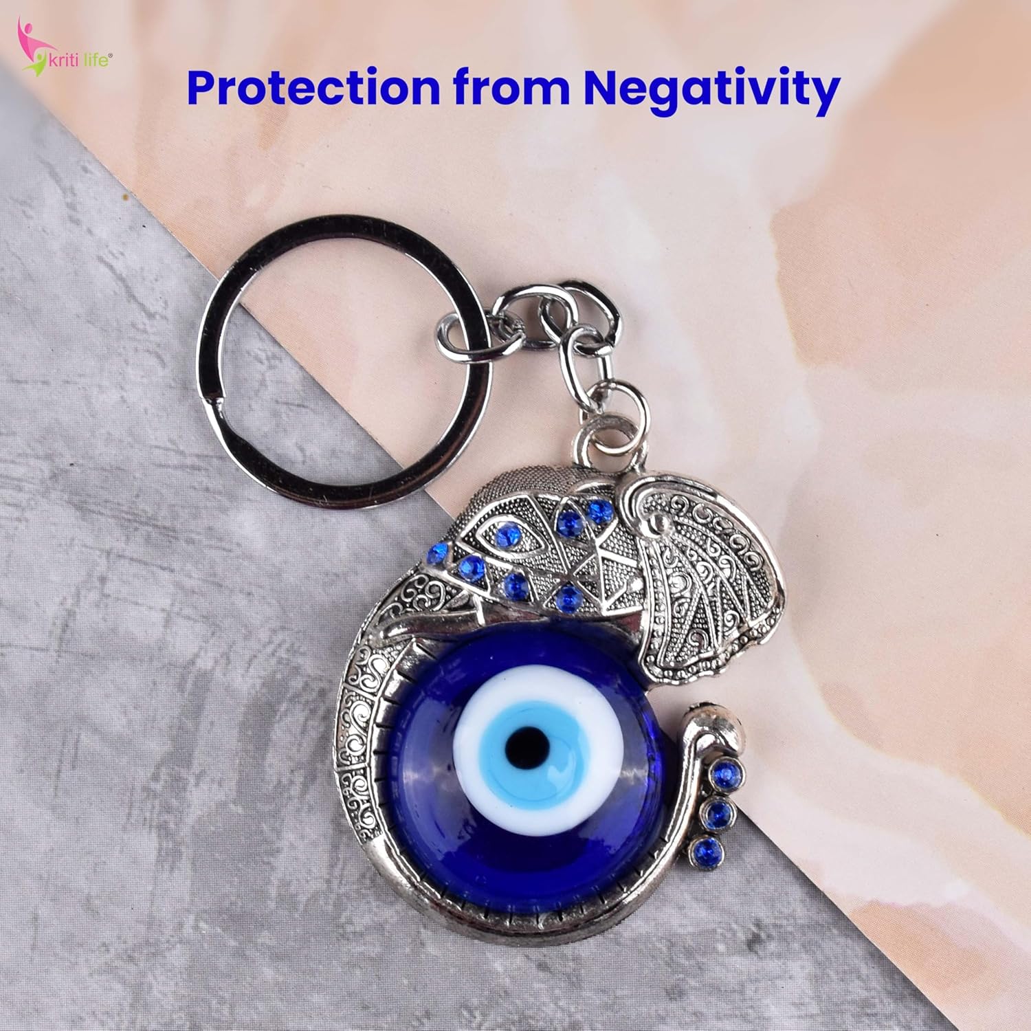 Kriti Life Elephant Evil Eye Keychain | 11 cm hight | Nazar Suraksha Keyring | Blue Evil Eye Glass Bead with Designer Elephant Metal Charm for Car, Bag & Home - Image 3