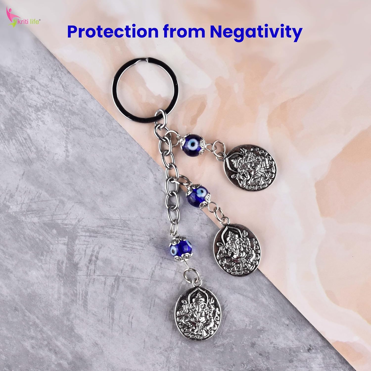 Kriti Life Ganesha Coin Evil Eye Keychain | 13 cm hight | Nazar Suraksha Keyring for Car, Bag & Home | Spiritual Protection Charm with Metal Coins & Beads - Image 3