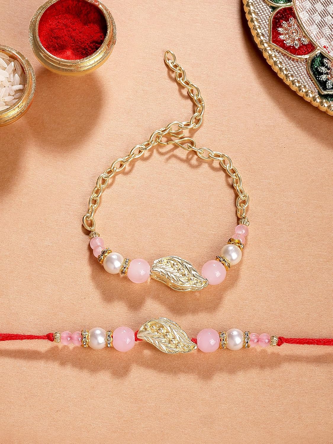 Karatcart Gold-Plated Kundan Rakhi Rakhi with Roli Chawal for Brother and Bhabhi - Image 3