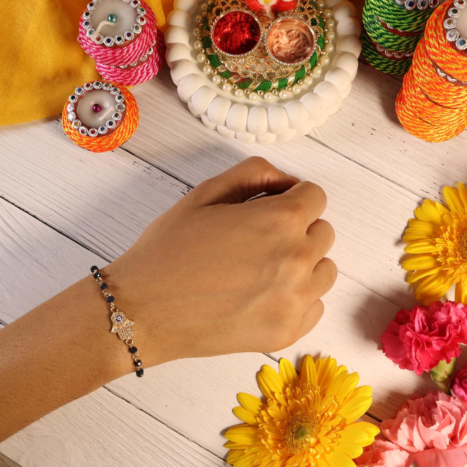 SALTY Set of 1 Evil Eye Rakhi Gift for Brother | Rakhi Gift Pack for Bhaiya, Bhabhi, and Sister| Bracelet for Men, Women | Fancy Jewellery Combo Gifts | Hand Band | Ideal for Gifting Hamper - Image 3