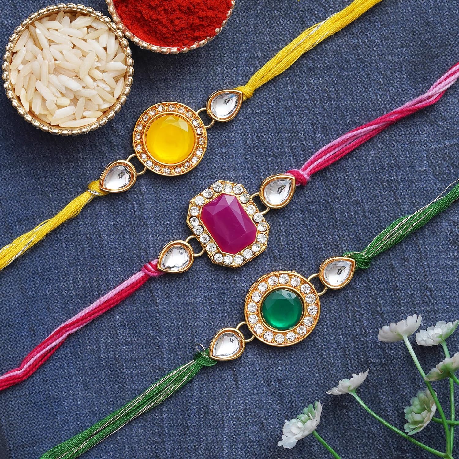 eCraftIndia Set of 3 Pink, Green, and Yellow Kundan Diamond Designer Rakhis for Brother, Bhabhi, Kids with BEST BRO EVER Keychain and Roli Chawal Pack - Image 4