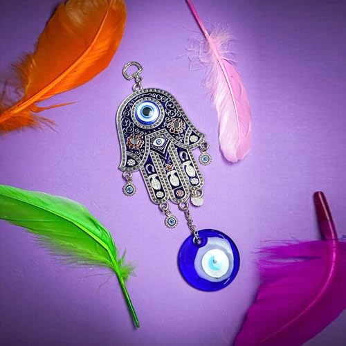 All in ONE WAREHOSUE Hamsa Hand Evil Eye: Enhance Health & Success for Your Home or Office Decorative Showpiece - 25 cm (Metal, Blue) - Image 2
