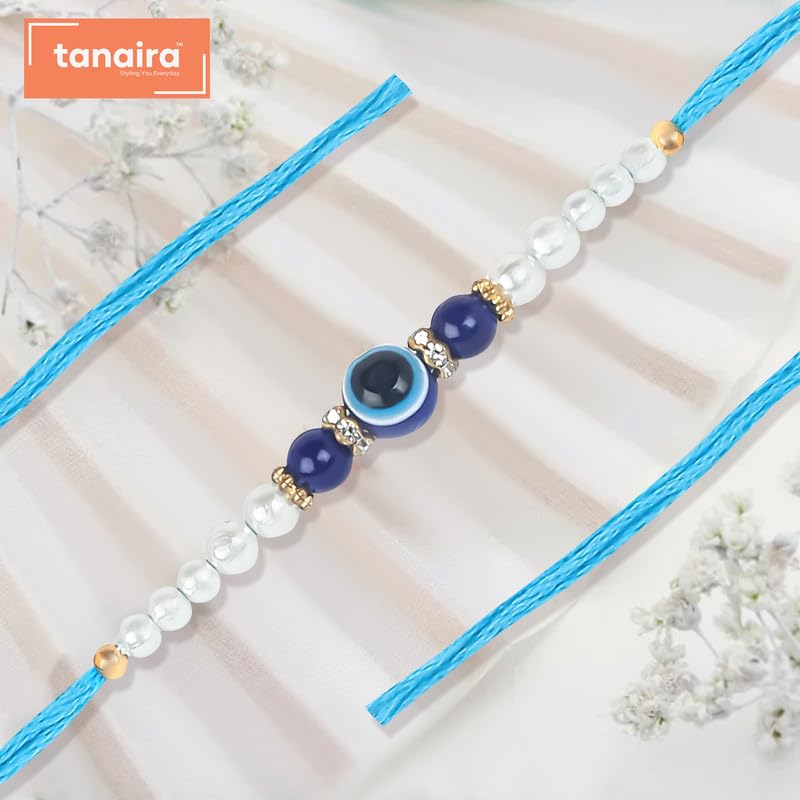 TANAIRA Rakhsha bandhan Rakhi for Brothers and Bhabhi| Designer Rakhi with Roli Chawal Pack| Gold Plated Designer Rakhis for Brother| Blue Colour Round Evil Eye Unique Rakhdi Set of 3|Rakhdee|Rakhee - Image 3