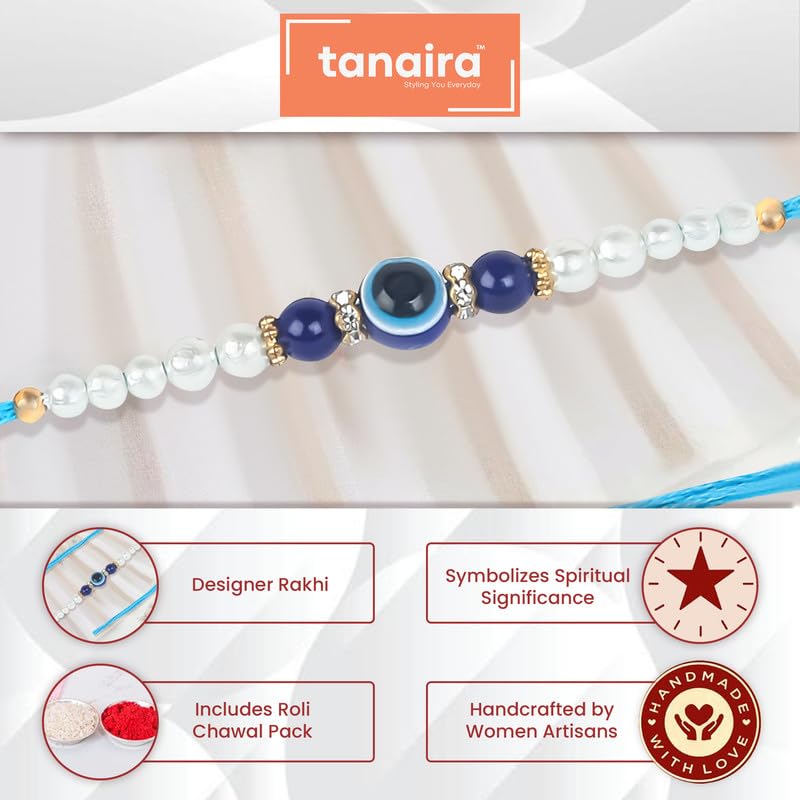 TANAIRA Rakhsha bandhan Rakhi for Brothers and Bhabhi| Designer Rakhi with Roli Chawal Pack| Gold Plated Designer Rakhis for Brother| Blue Colour Round Evil Eye Unique Rakhdi Set of 3|Rakhdee|Rakhee - Image 4