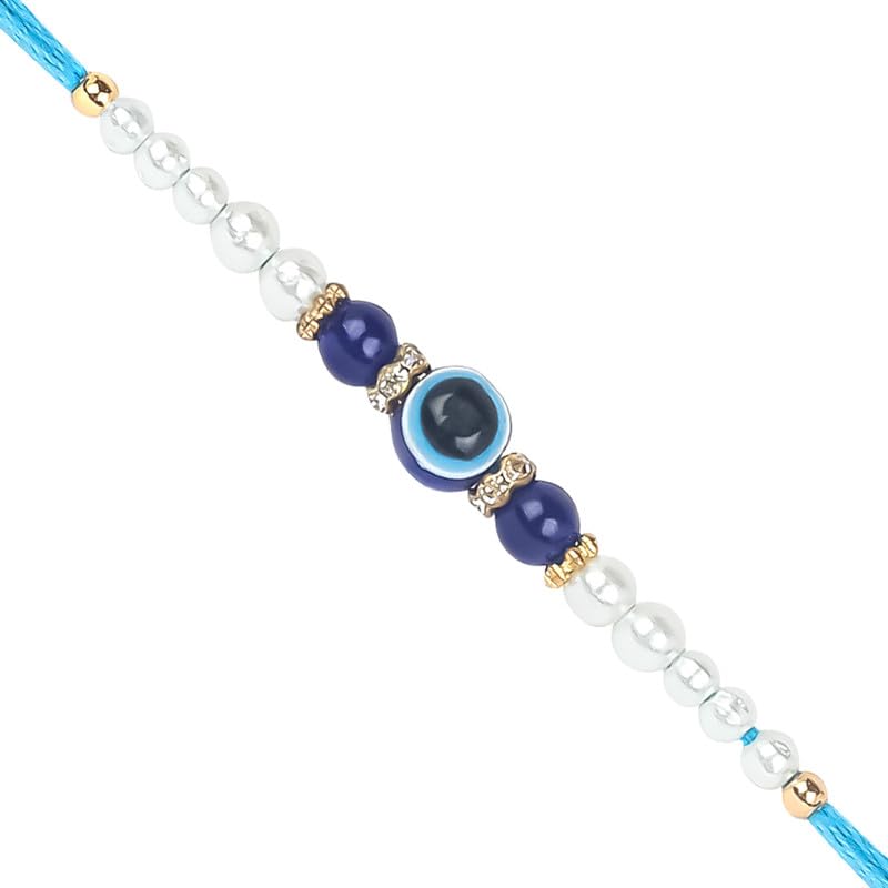 TANAIRA Rakhsha bandhan Rakhi for Brothers and Bhabhi| Designer Rakhi with Roli Chawal Pack| Gold Plated Designer Rakhis for Brother| Blue Colour Round Evil Eye Unique Rakhdi Set of 3|Rakhdee|Rakhee - Image 5