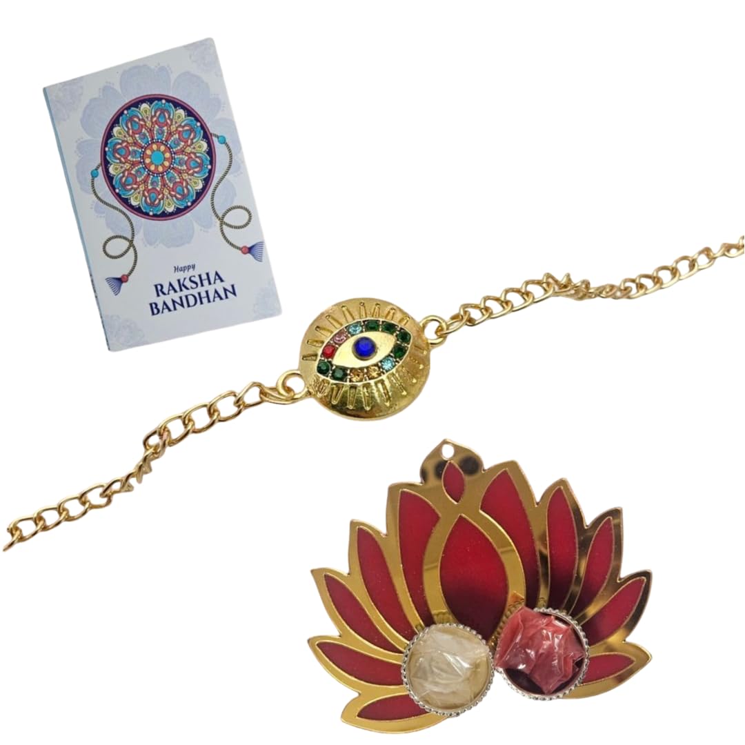 Evil Eye Rakhi with Lotus Puja Thali, Roli Chawal & Greeting Card | Designer Chain Bracelet Rakhi for Brother | Raksha Bandhan Gift Combo Set for Bhai - Image 2