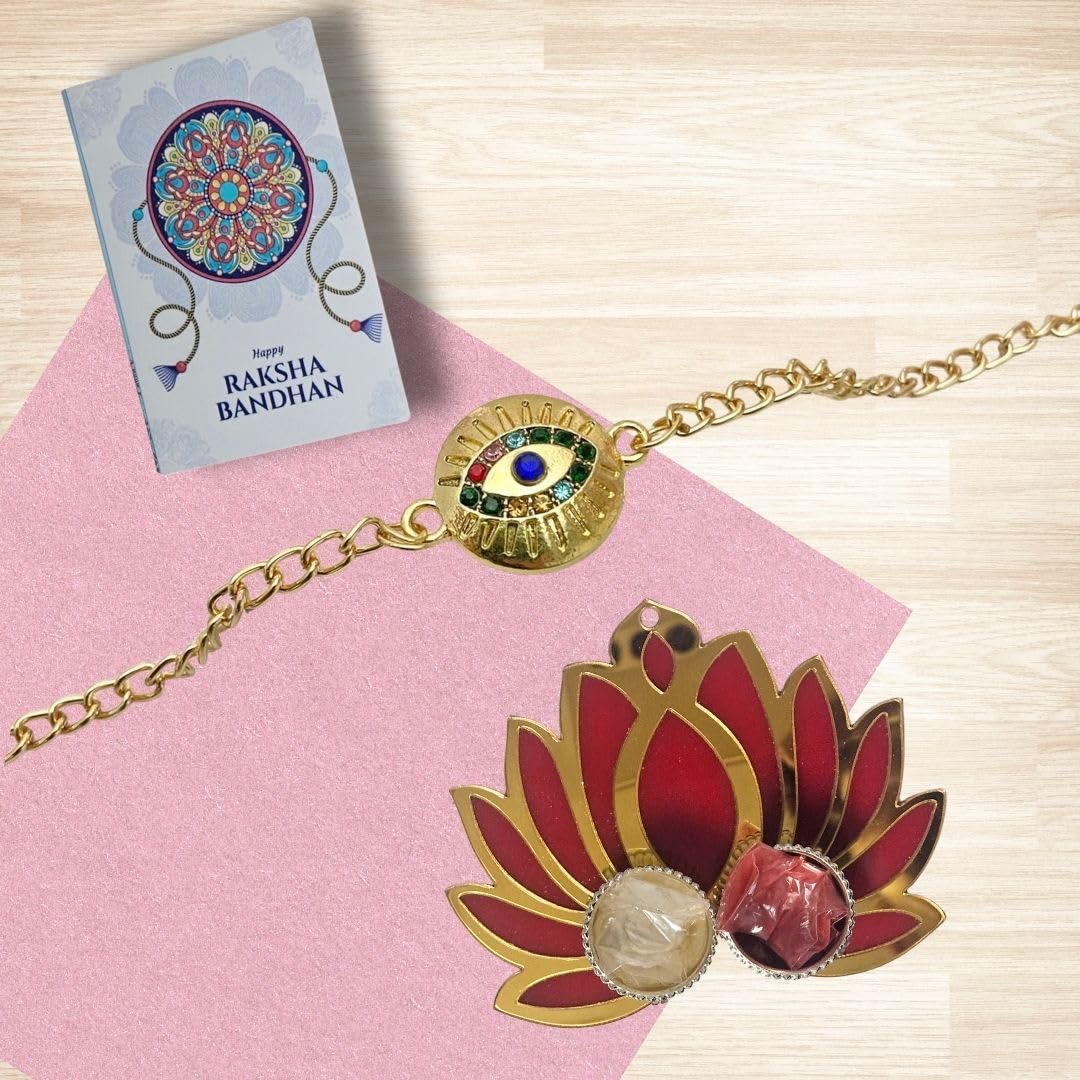 Evil Eye Rakhi with Lotus Puja Thali, Roli Chawal & Greeting Card | Designer Chain Bracelet Rakhi for Brother | Raksha Bandhan Gift Combo Set for Bhai - Image 3