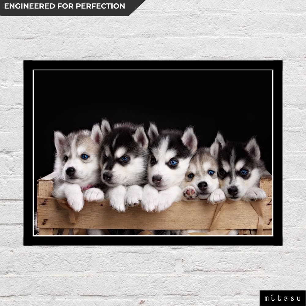 Mitasu Charming Husky Puppies Wall Art with Rustic Wooden Crate Design, Adorable Animal Photography for Pet Lovers, Black and White Fur with Blue Eyes | A3 | Framed Art - Image 3