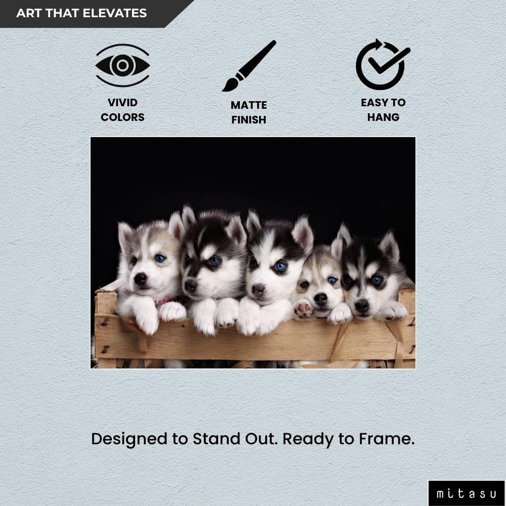 Mitasu Charming Husky Puppies Wall Art with Rustic Wooden Crate Design, Adorable Animal Photography for Pet Lovers, Black and White Fur with Blue Eyes | A3 | Framed Art - Image 4