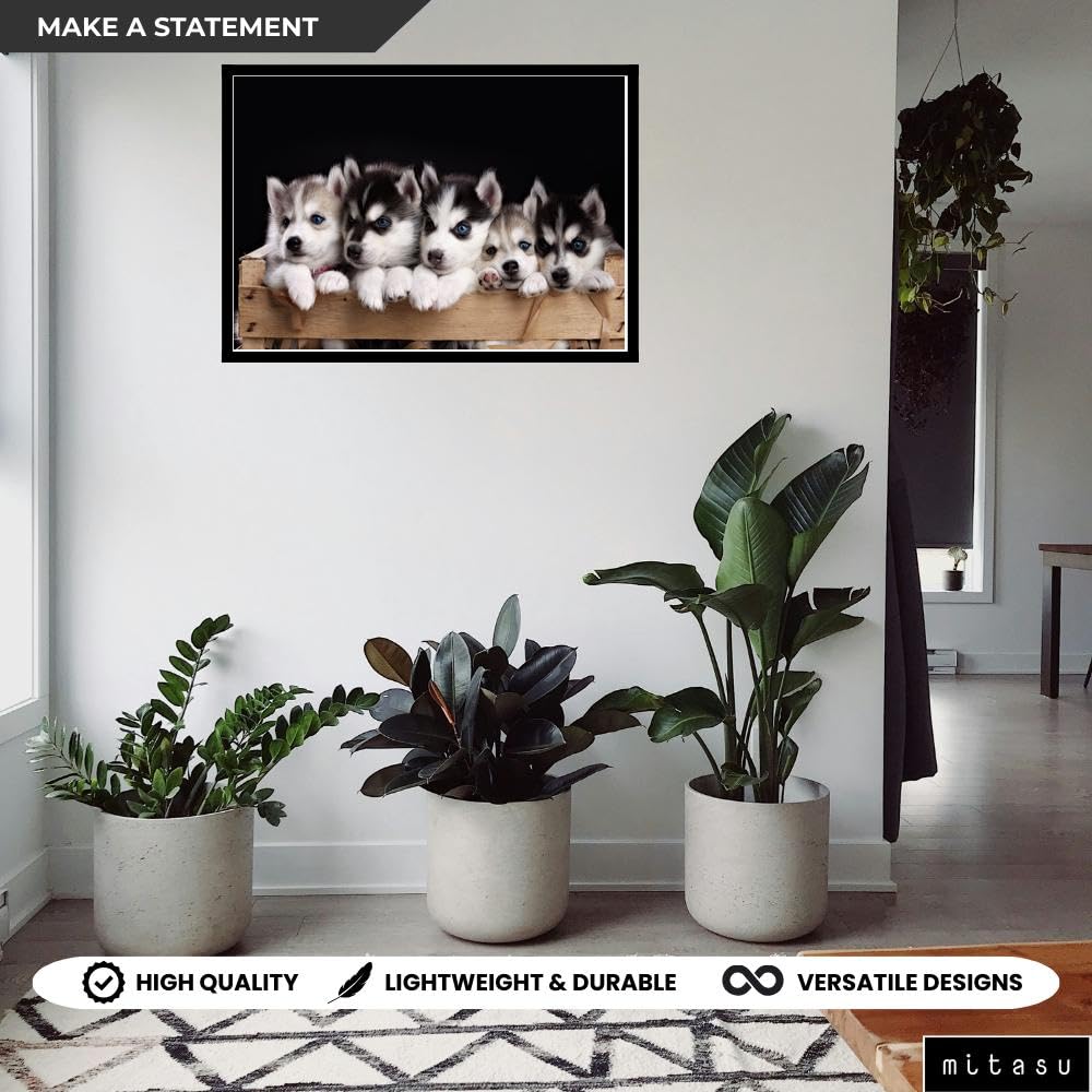 Mitasu Charming Husky Puppies Wall Art with Rustic Wooden Crate Design, Adorable Animal Photography for Pet Lovers, Black and White Fur with Blue Eyes | A3 | Framed Art - Image 6