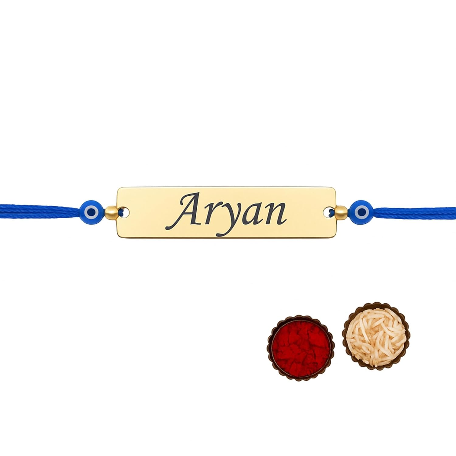 Personalized Name Rakhi Bracelet with Evil Eye Beads, Traditional Raksha Bandhan Gift for Brother, Blue Thread - Image 2