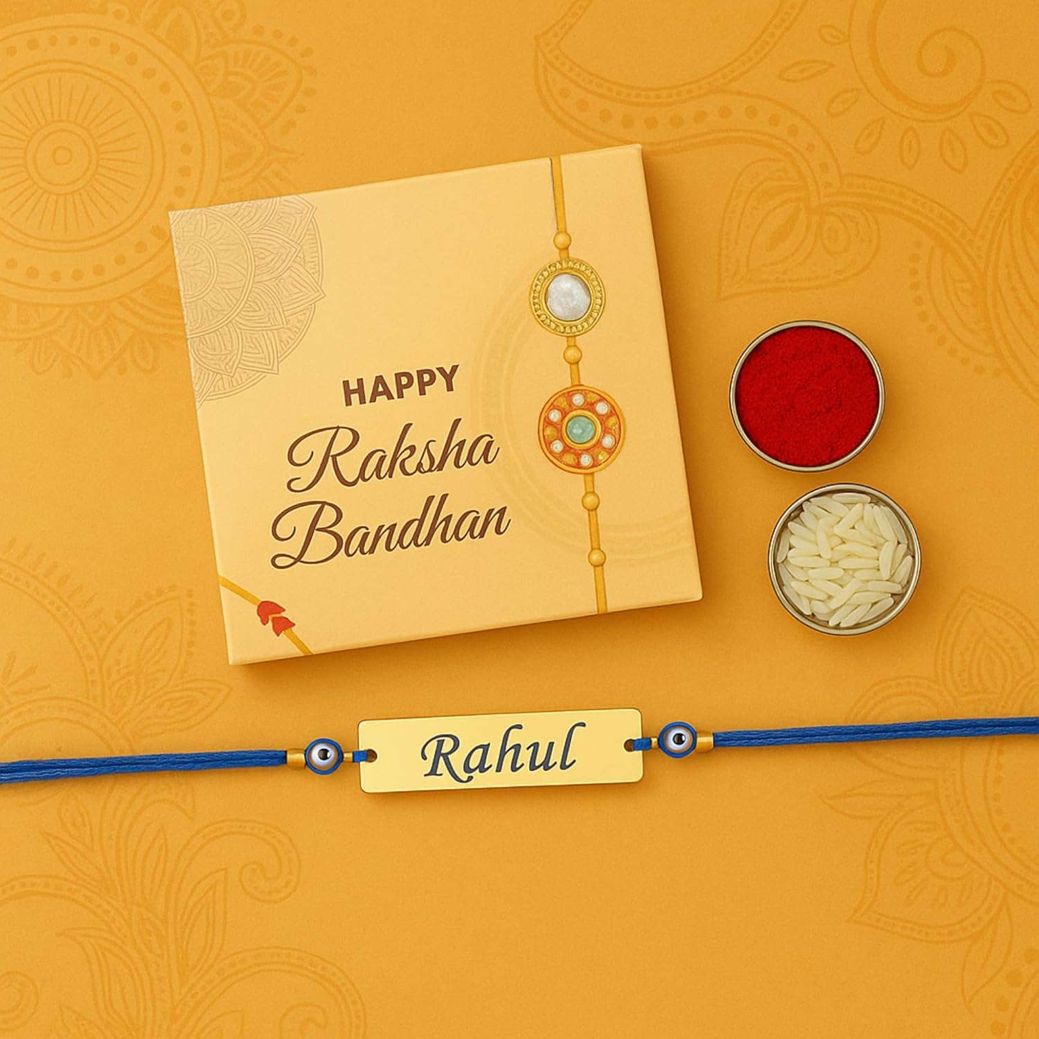 Personalized Name Rakhi Bracelet with Evil Eye Beads, Traditional Raksha Bandhan Gift for Brother, Blue Thread - Image 4