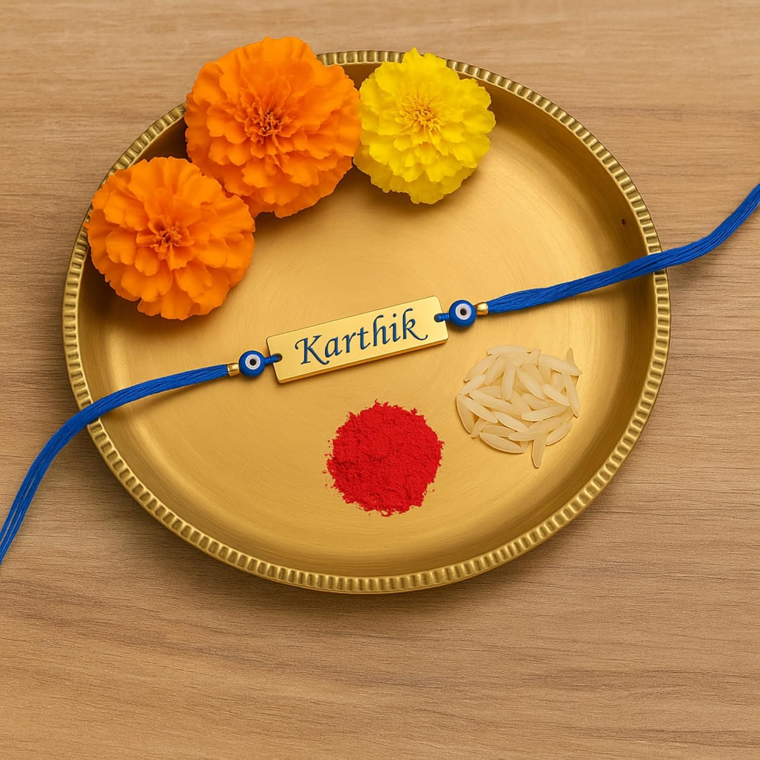 Personalized Name Rakhi Bracelet with Evil Eye Beads, Traditional Raksha Bandhan Gift for Brother, Blue Thread - Image 6