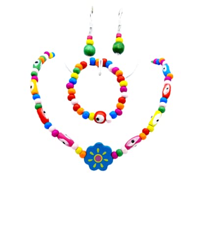 Aks jewelz Colorful Kids Necklace & Bracelet With Earrings wooden beads with Tube beads with evils eye Charms - Image 2
