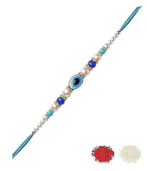JAGMOOLYA PRODUCTS Blue Eye Rakhi for Brother Set bracelet for brother Designer Rudraksha Raksha Bandhan for Bhaiya Bhabhi Rakhi multi designed - Image 2