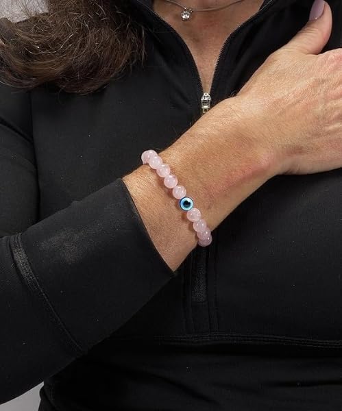 AAA Rose Quartz with Evil Eye Bracelet Reiki Infused For Good Luck & Love I Crystal Beaded Natural Bracelet For Adults - Image 3
