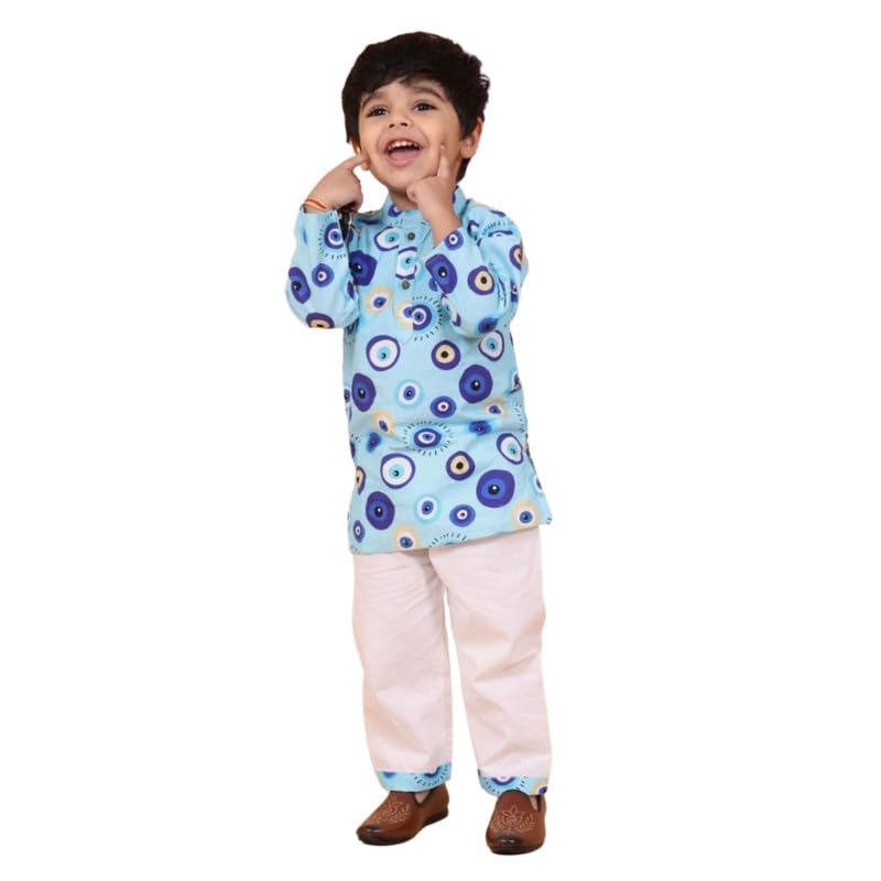 Mama & Peaches Evil Eye Blue Kurta Set for Kids | Premium Cotton Fabric | Stylish Printed Design | Button Fly Closure | Mandarin Neckline | Perfect for Festivals and Everyday Wear - Image 2