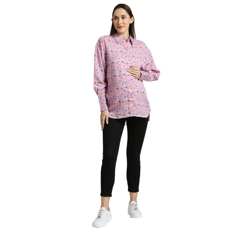 MAMATOBEE Oversized High-Low Tencel Twill Shirt: Sustainable Style with Evil Eye Print - for Chic Comfort |Maternity and Feeding-Friendly - Image 7