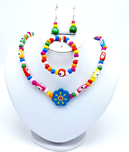 Aks jewelz Colorful Kids Necklace & Bracelet With Earrings wooden beads with Tube beads with evils eye Charms - Image 3