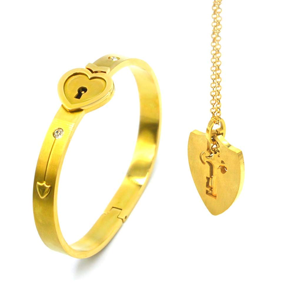 STYLE KRAFT Heart Lock and Key Gold Stainless Steel Couple Bracelet Pendant Necklace Set for Men and Women Gold Bracelet For Girls Couples Birthday Gift - Image 2