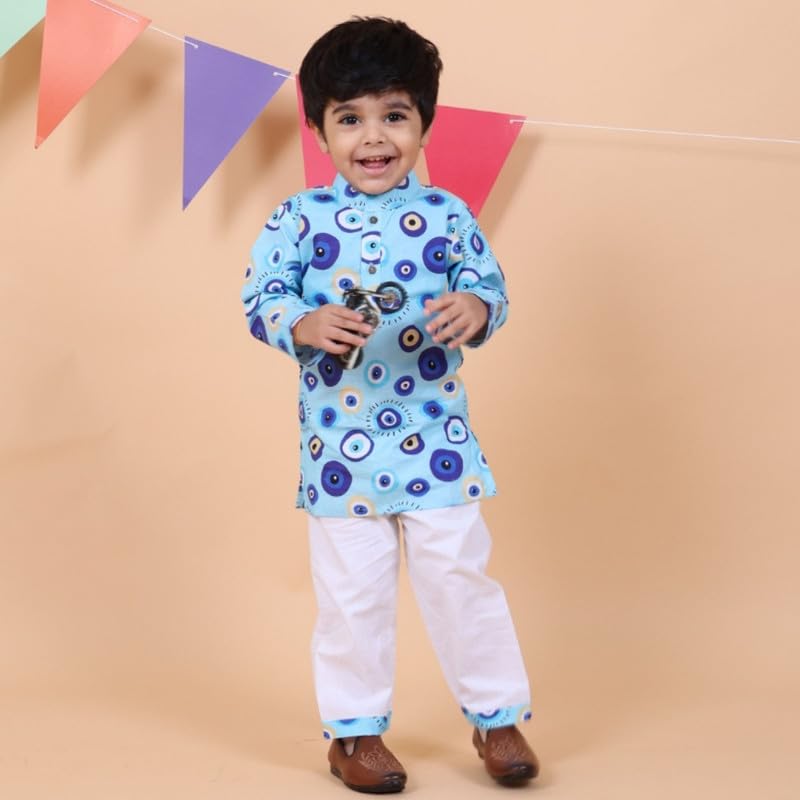 Mama & Peaches Evil Eye Blue Kurta Set for Kids | Premium Cotton Fabric | Stylish Printed Design | Button Fly Closure | Mandarin Neckline | Perfect for Festivals and Everyday Wear - Image 3