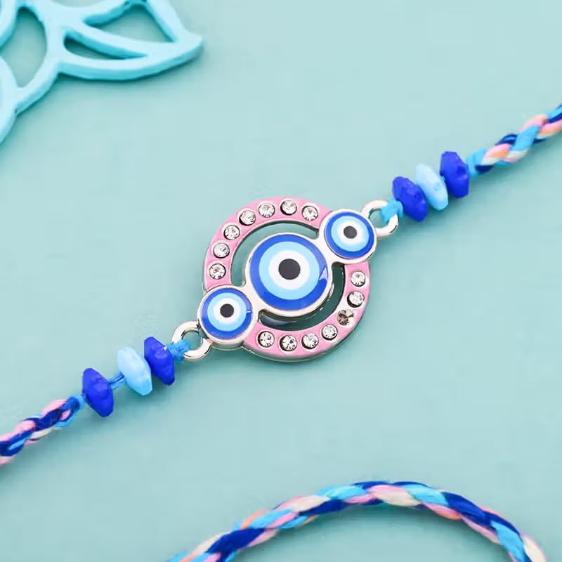 Floweraura Premium Handcrafted Radiant Blue Beaded Evil Eye Rakhi With Roli Packet - Rakhi For Brother, Bhai, Kids, Bhaiya, Cousins & Rakshabandhan Gift (Same Day Delivery) - Image 3