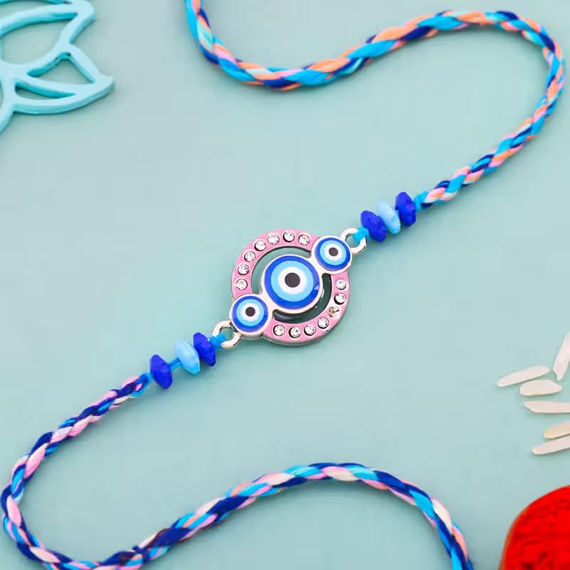 Floweraura Premium Handcrafted Radiant Blue Beaded Evil Eye Rakhi With Roli Packet - Rakhi For Brother, Bhai, Kids, Bhaiya, Cousins & Rakshabandhan Gift (Same Day Delivery) - Image 4