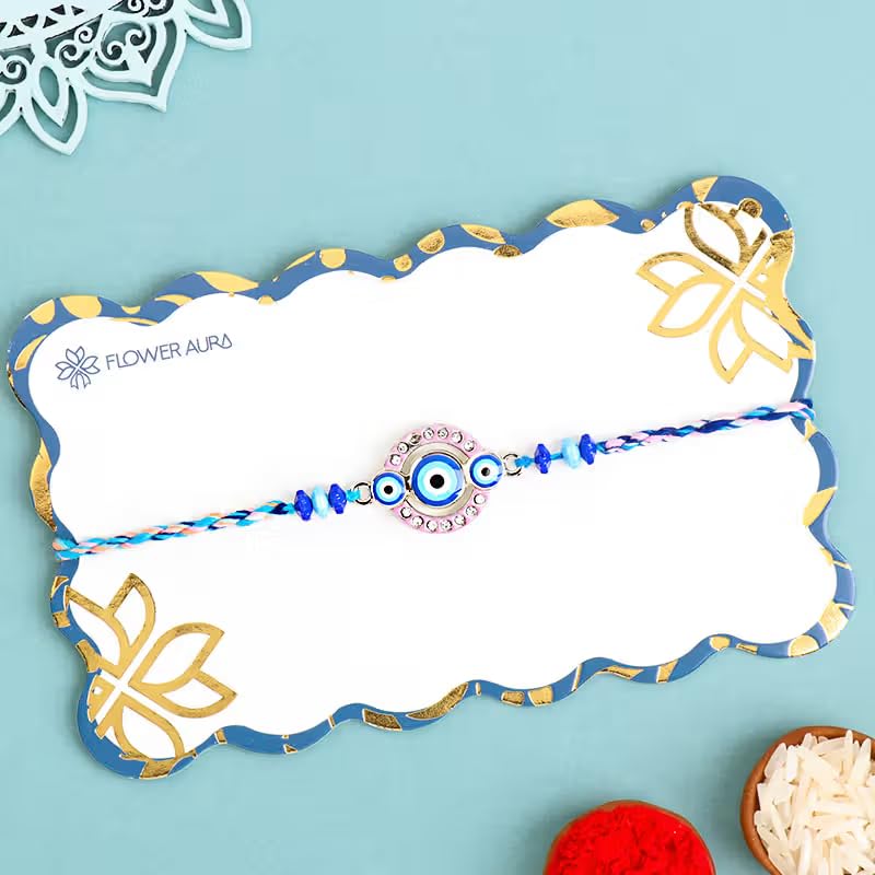 Floweraura Premium Handcrafted Radiant Blue Beaded Evil Eye Rakhi With Roli Packet - Rakhi For Brother, Bhai, Kids, Bhaiya, Cousins & Rakshabandhan Gift (Same Day Delivery) - Image 5