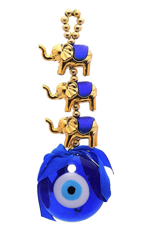 MammaYo Evil Eye Hanging for Home Entrance 3 Elephant Gold Evil Eye Feng Shui Pendant Ornament Amulet for Wall Door Car Dashboard Hanging Turkish Nazar Battu Good Luck and Prosperity - Image 2