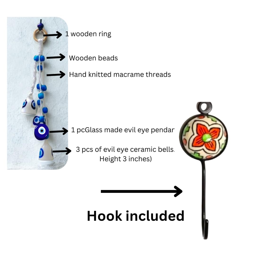 Shopping Shots Macrame Symphony Chimes | 3 Evil Eye (mini) Bells (Height 3 inches) & 1 Glass Made Evil Eye Pendant Tied with Macrame Threads and Colorful Beads. Ceramic Hook Included to Hang Chime. - Image 5