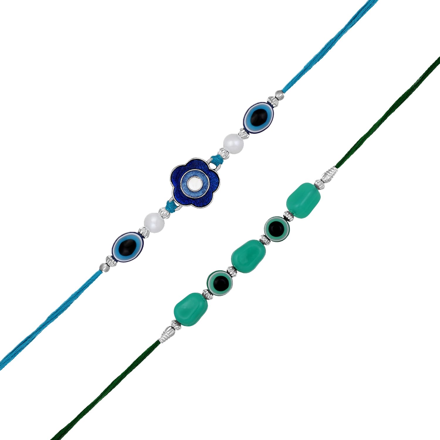 Mahi Rhodium Plated Combo of 2 Evil Eye Rakhi's with Meenakari Work and Beads for Bhaiya (RCO1105551R) - Image 4