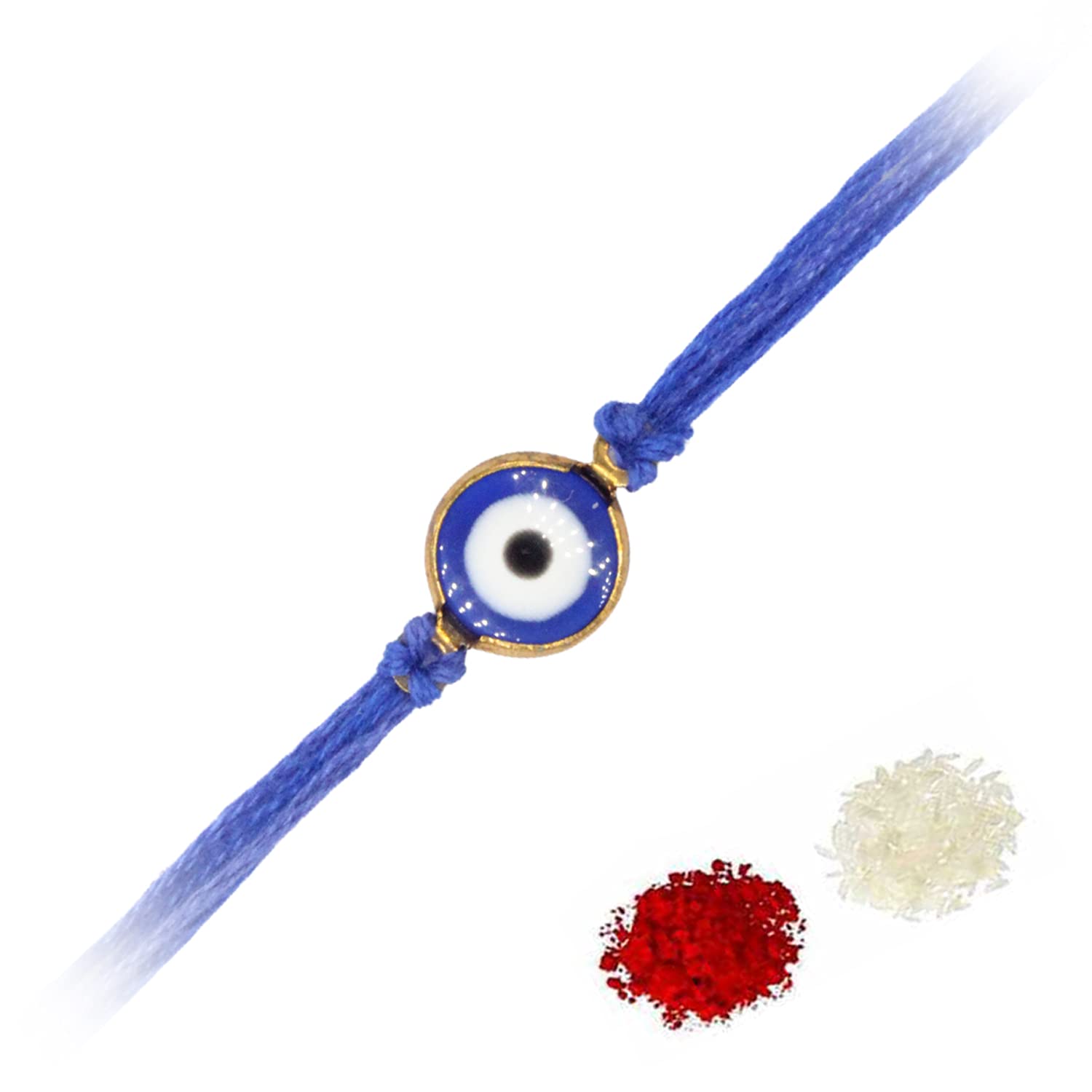 VAISHALI BINDI AND BANGLES Round shape lovely Blue Evil Eye stylish single rakhi with roli & chawal. - Image 2