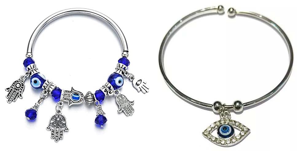 Evil Eye and Hamsa Hand Charm Bracelet Set, Adjustable Bangle with Blue Crystal Accents, Silver Tone For Women & girls Pack of 2 - Image 2