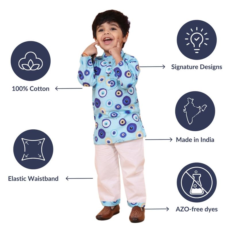 Mama & Peaches Evil Eye Blue Kurta Set for Kids | Premium Cotton Fabric | Stylish Printed Design | Button Fly Closure | Mandarin Neckline | Perfect for Festivals and Everyday Wear - Image 7