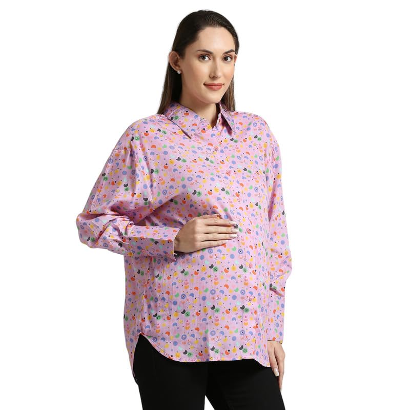 MAMATOBEE Oversized High-Low Tencel Twill Shirt: Sustainable Style with Evil Eye Print - for Chic Comfort |Maternity and Feeding-Friendly - Image 4