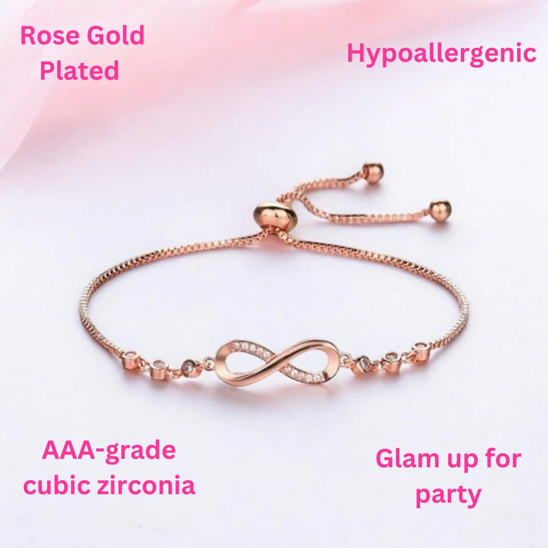 Nilu's Collection Infinity Shape Cubic Zirconia Diamond Bracelet for Women & Girls, Jewelry for Gift, Adjustable Charm Bracelet - Image 3