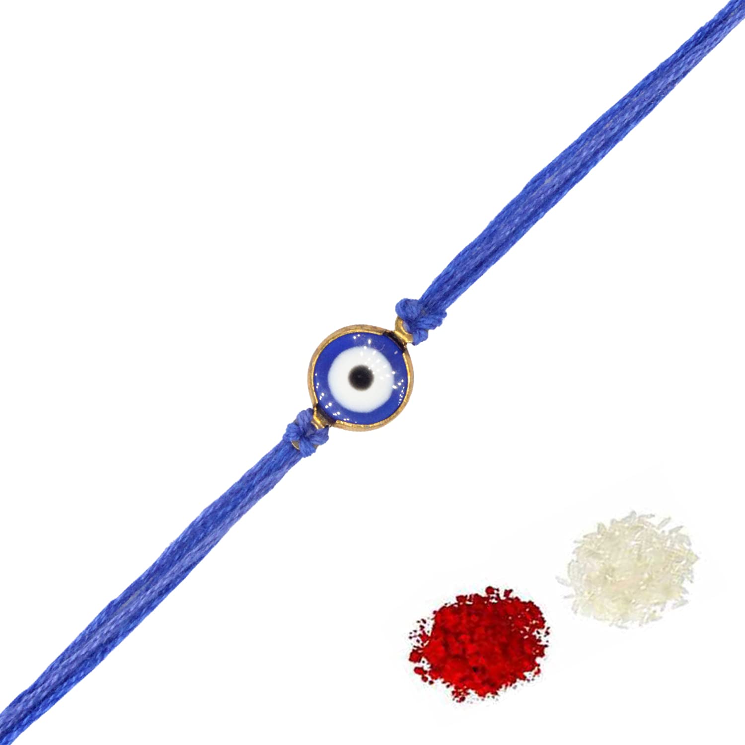 VAISHALI BINDI AND BANGLES Round shape lovely Blue Evil Eye stylish single rakhi with roli & chawal. - Image 3