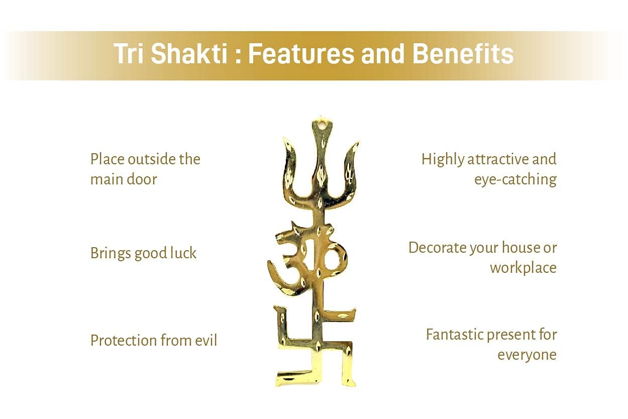 Dirghaanshi Trishakti Yantra Brass Swastik Om Trishul Yantra for Home Wall Trishakti Trishul Yantra Om Swastic Door Work Place Office-Buri Nazar-Buri Drishti- Set of 1 - Image 3