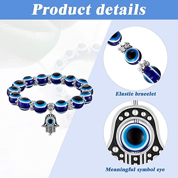 Evil Eye and Hamsa Hand Charm Bracelet Set, Adjustable Bangle with Blue Crystal Accents, Silver Tone For Women & girls Pack of 2 - Image 4