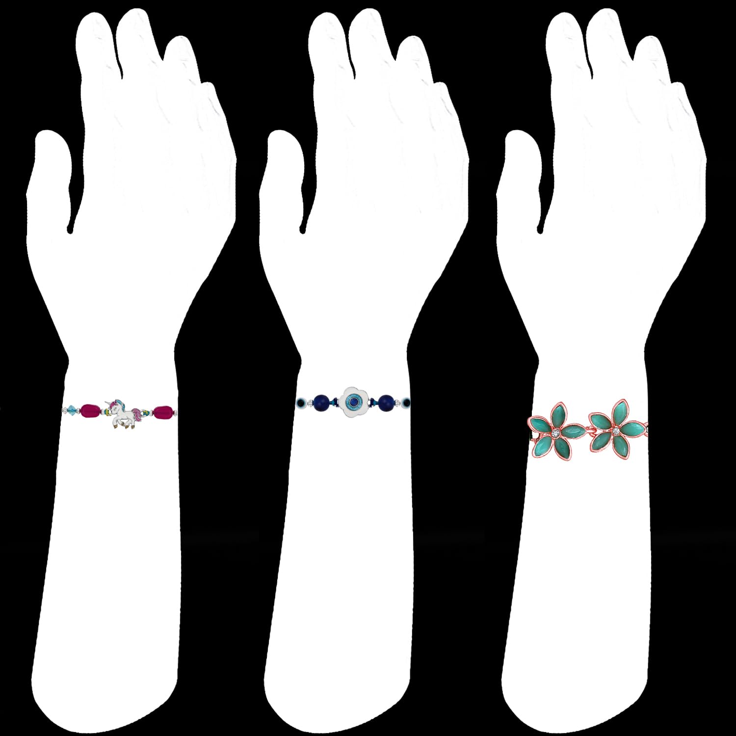 Mahi Combo of Evil Eye, Unicorn Shaped Floral Rakhi's with Meenakari Work and Crystals(RCO1105556M) - Image 3