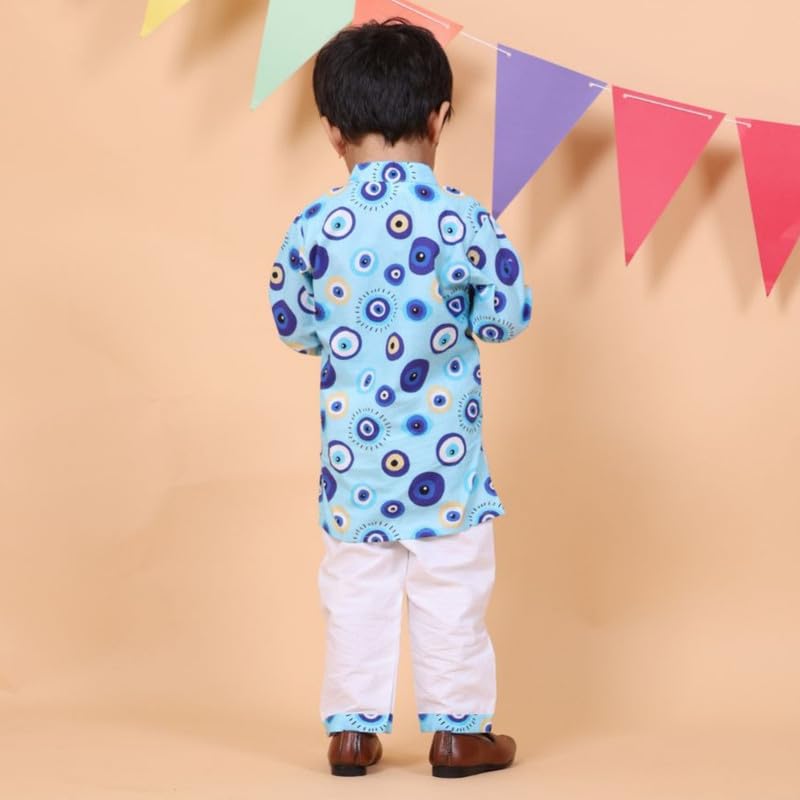 Mama & Peaches Evil Eye Blue Kurta Set for Kids | Premium Cotton Fabric | Stylish Printed Design | Button Fly Closure | Mandarin Neckline | Perfect for Festivals and Everyday Wear - Image 6