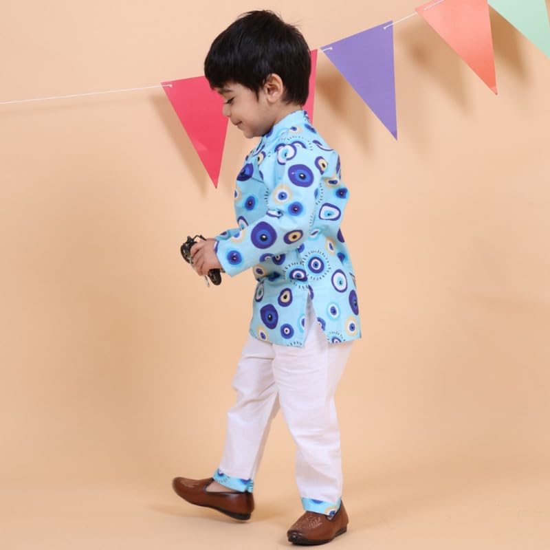 Mama & Peaches Evil Eye Blue Kurta Set for Kids | Premium Cotton Fabric | Stylish Printed Design | Button Fly Closure | Mandarin Neckline | Perfect for Festivals and Everyday Wear - Image 4