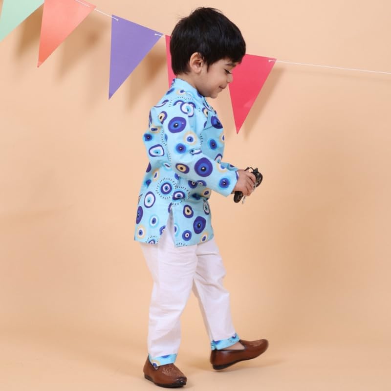 Mama & Peaches Evil Eye Blue Kurta Set for Kids | Premium Cotton Fabric | Stylish Printed Design | Button Fly Closure | Mandarin Neckline | Perfect for Festivals and Everyday Wear - Image 5