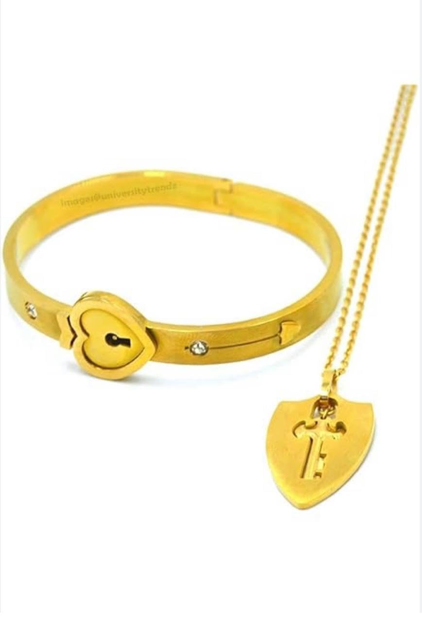 STYLE KRAFT Heart Lock and Key Gold Stainless Steel Couple Bracelet Pendant Necklace Set for Men and Women Gold Bracelet For Girls Couples Birthday Gift - Image 3