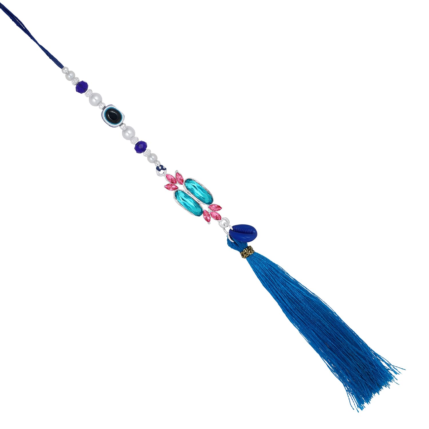 Mahi Rhodium Plated Simple and Classic Blue Crystals and Evil Eye Lumba Tassel Rakhi for Bhabhi (RAL1100801R) - Image 2