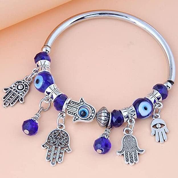 Evil Eye and Hamsa Hand Charm Bracelet Set, Adjustable Bangle with Blue Crystal Accents, Silver Tone For Women & girls Pack of 2 - Image 3