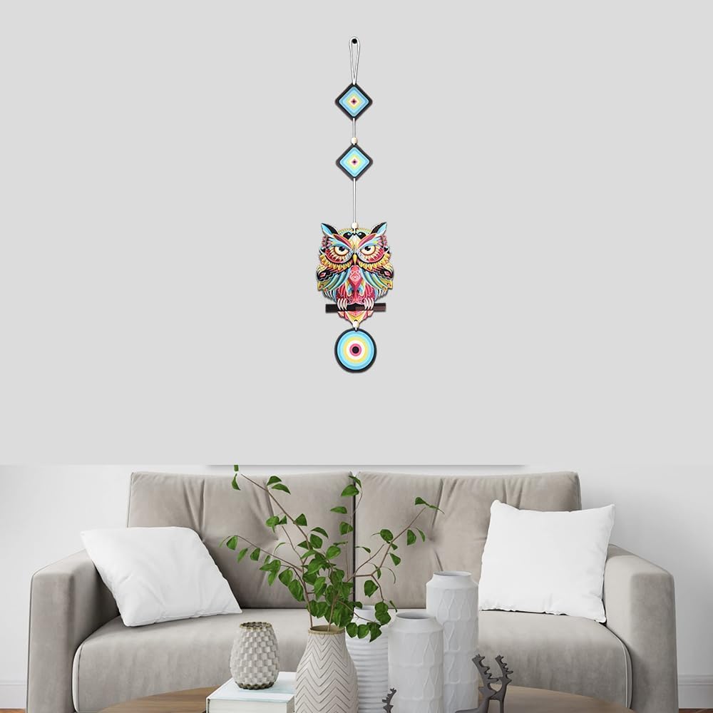 DIYANSH ENTERPRISES Evil Eye Owl Wall Hanging for Home Decor | Nazar Battu with Hamsa Hand & Owl Design | MDF Wooden Hanging for Protection & Positive Vibes ? Blue & Brown - Image 5